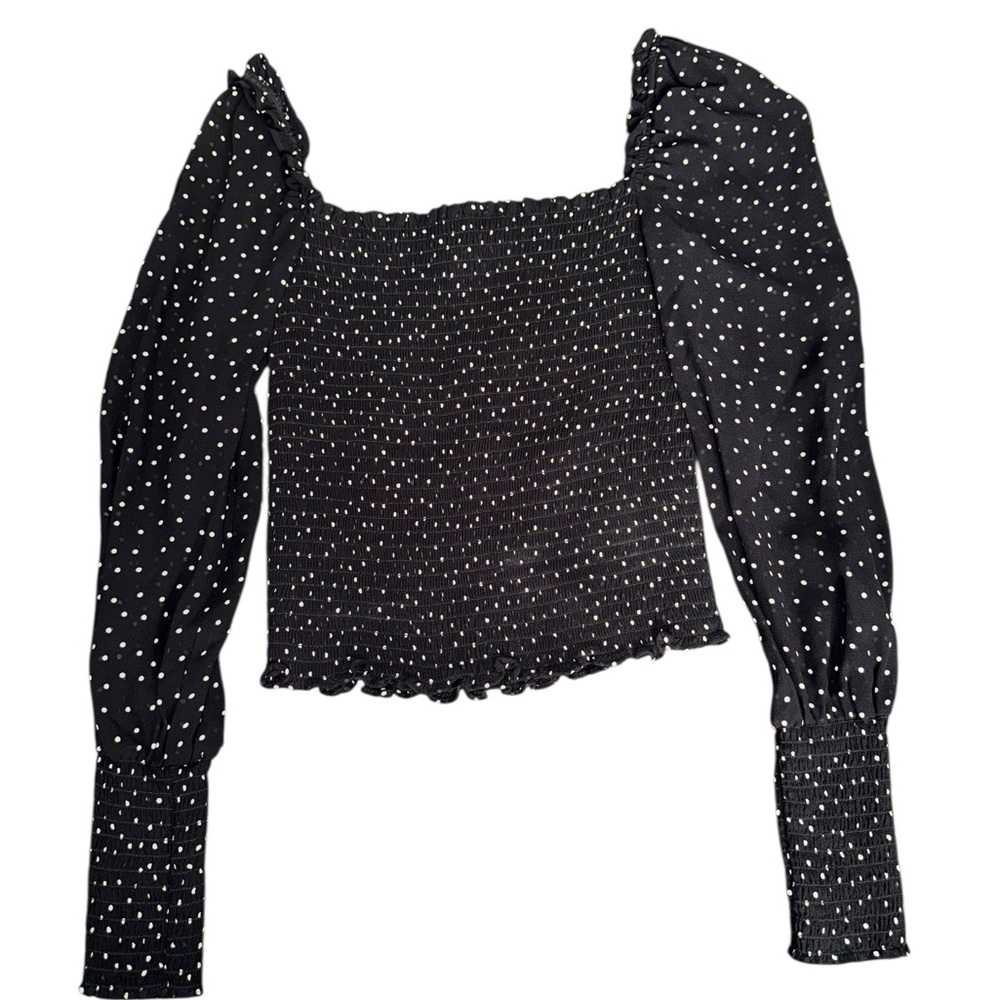 Reformation Black and White Polka Dot Long Sleeve Smocked Blouse Size XS